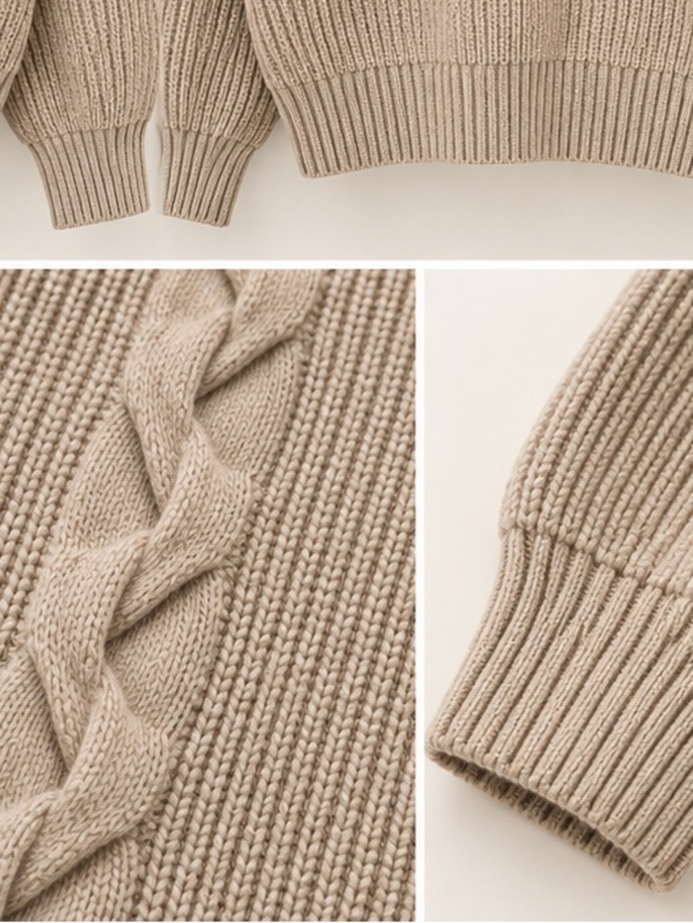 COMMENSE Beige Cable V-Neck Sweater with Denim Trim - Picture 4 of 9